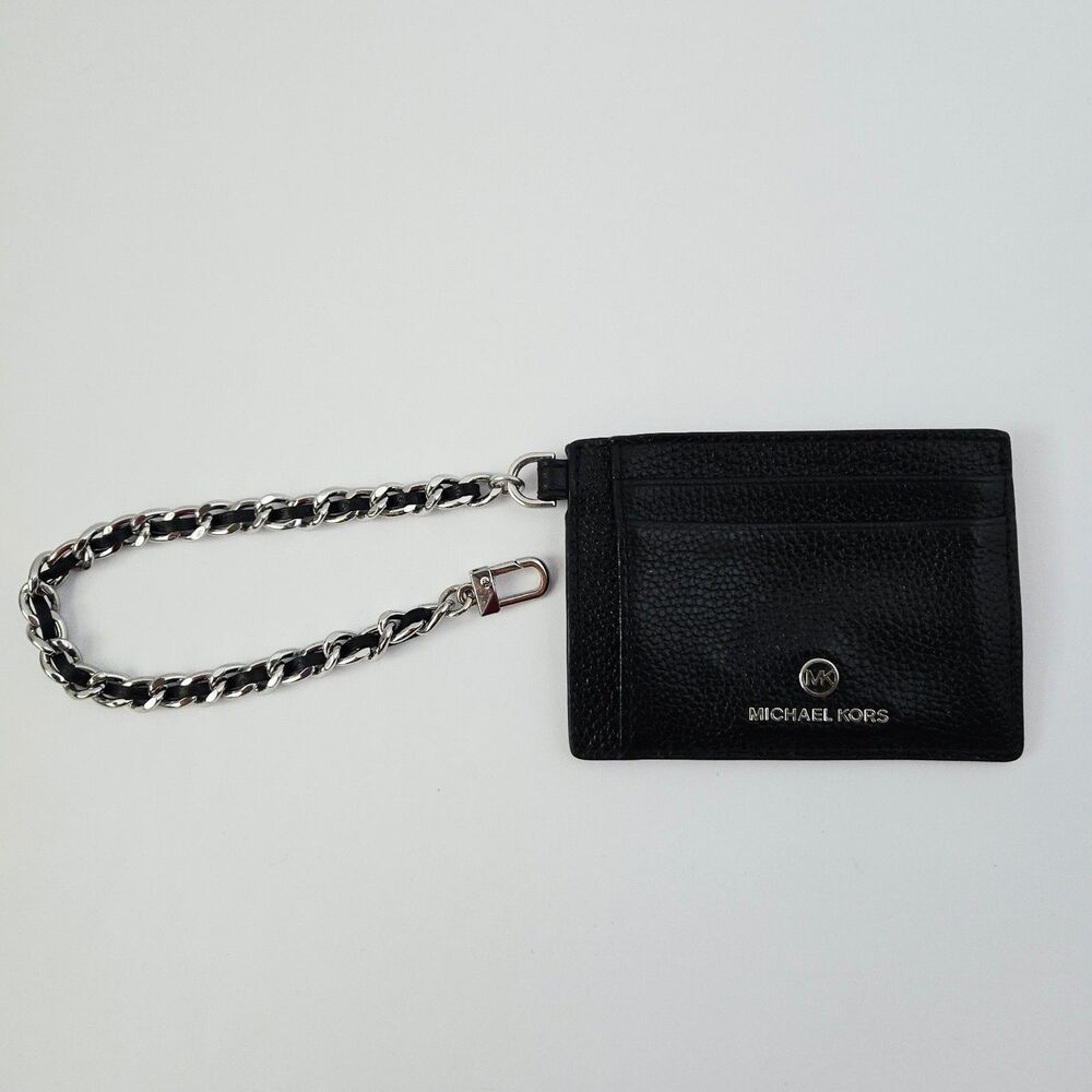 Michael Kors Black & Silver Jet Set Charm Small Leather ID Chain Card Holder